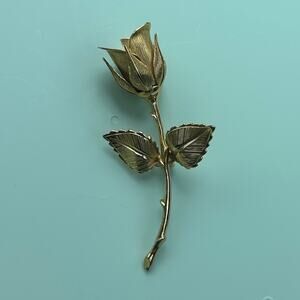 Vintage 1960s Long Stem Gold Rose Brooch, Textured Finish, Retro Mid-Century Pin